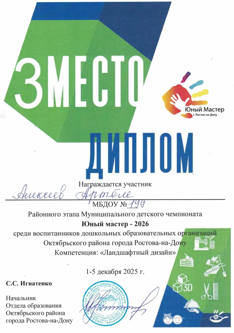 Диплом 3 место район Юный мастер 2026